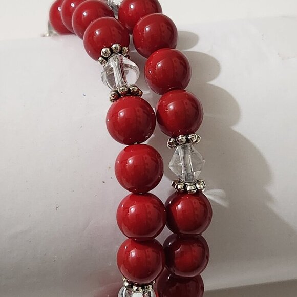 Hand Crafted Wrap Bracelet Bright Red Clear Crystals Black Pave Cross Coil - Picture 3 of 10